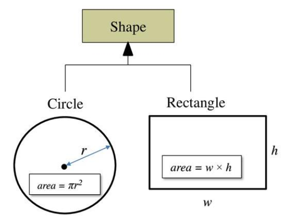 Phương thức tính diện tích của Circle và Rectangle là khác nhau thể hiện tính đa hình